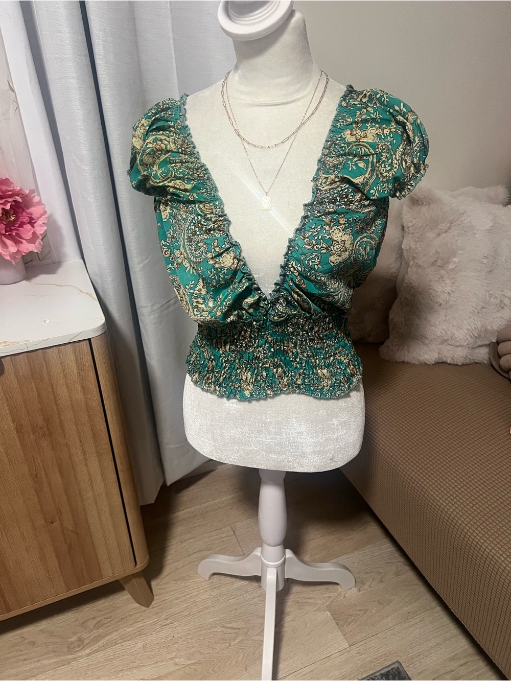 Green Paisley Smocked V-Neck Crop Top